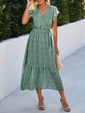 Dark Green Women Summer Bohemian Floral Casual Wrap V Neck Ruffle Cap Sleeveless Belt A-Line Pleated Hem Swing Midi Sun Dress - BTFBM | Women's Casual Dresses