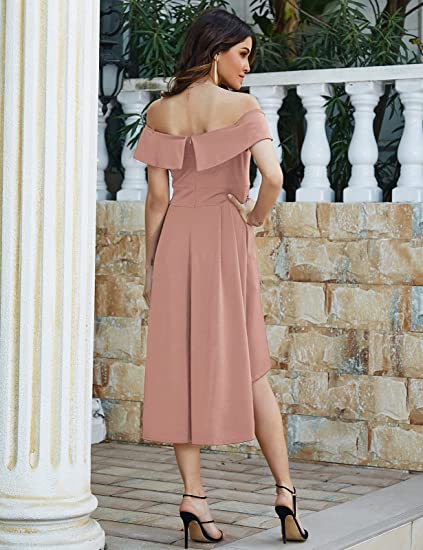 Pink Off Shoulder High Low A Line Wedding Guest Party Cocktail Dress - –  Original Brand