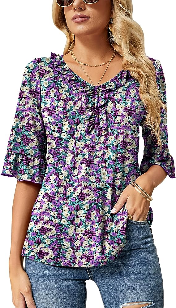 Purple Floral Print Casual V Neck T Shirts Loose Summer Tops Ruffle - Ivicoer | Women's Tops and Blouses
