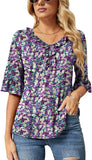 Purple Floral Print Casual V Neck T Shirts Loose Summer Tops Ruffle - Ivicoer | Women's Tops and Blouses