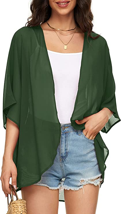 Solid Army Green Women's Floral Print Puff Sleeve Kimono Cardigan Loose Cover Up Casual Blouse Tops - Chicgal | Women's Cardigan