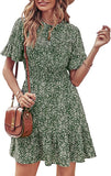 Dark Green Women's Summer Boho Short Dresses Floral Print Tie Neck Short Sleeve Elastic High Waist Ruffle Mini Skater Dress - Prettygarden | Women's Casual Dresses
