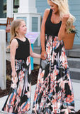 Black Flower Summer Cute Mommy and Me Boho Striped Chevron Maxi Dresses - WIWIQS | Women's Casual Dresses