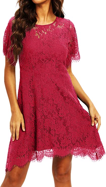 Red Women's Elegant Round Neck Short Sleeve A-Line Lace Dress - ALLANDWELL | Women's Cocktail Dresses