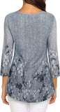Multi Blue Women's Casual 3/4 Sleeve Tunic Tops Floral Double Layers Blouses Loose Fit Pleated Mesh Shirts - Timeson | Women's Tops and Blouses