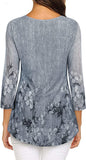 Blue White Women's Casual 3/4 Sleeve Tunic Tops Floral Double Layers Blouses Loose Fit Pleated Mesh Shirts - Timeson | Women's Tops and Blouses