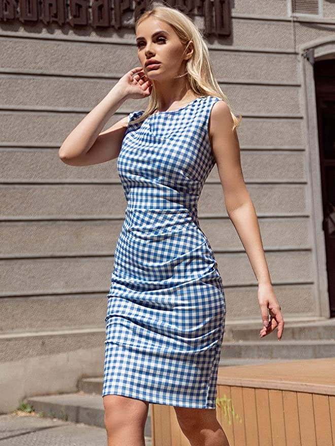 Z-Light Blue Plaid Women's Retro Ruffle Style Slim Work Pencil Dress - Miusol | Women's Cocktail Dresses