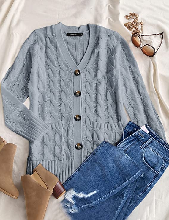 Army Green Women's Long Sleeve Cable Knit Sweater Open Front Cardigan Button Loose Outerwear - MEROKEETY | Women's Cardigan