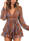 Orange Women's Jumpsuit Floral Print V Neck Baggy Sleeve Waist Tie Double Layer Ruffle Hem Short Mini Dress Romper - Relipop | Women's Casual Dresses