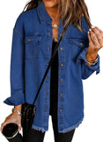 Blue Long Sleeve Women's Oversized Denim Jacket Casual Long Boyfriend Distresse Jean Jacket Autumn Spring - Dokotoo | Women's Coat & Jacket