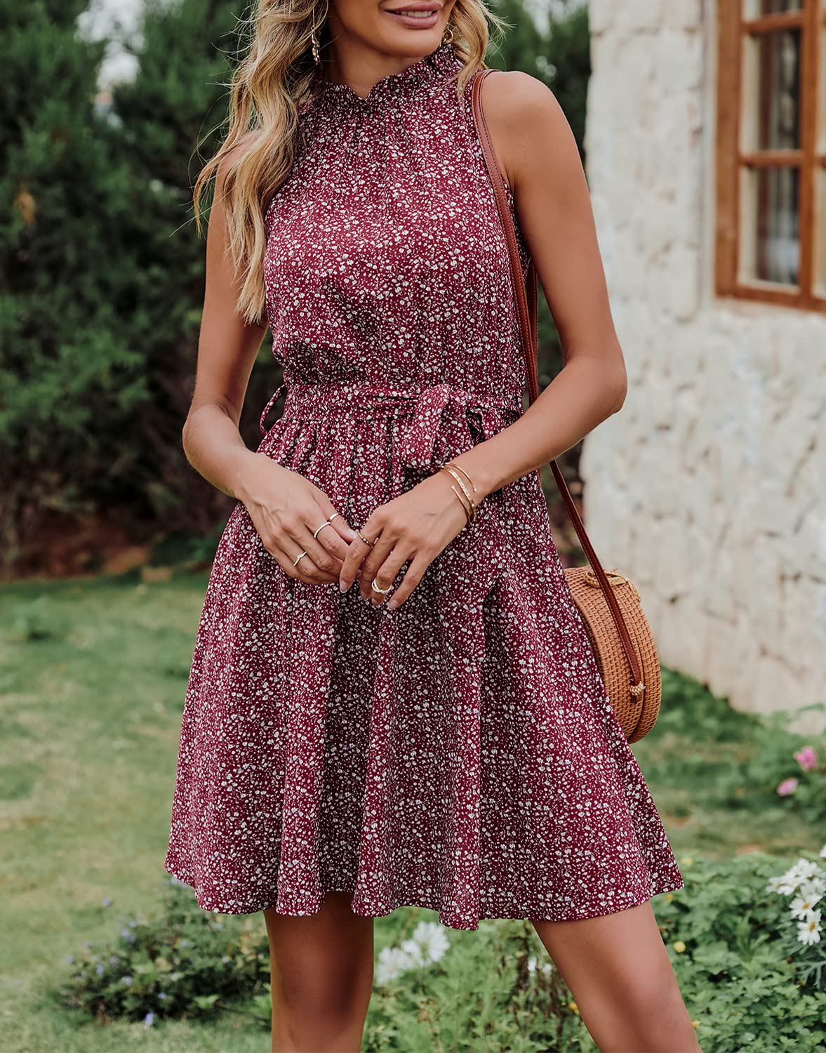 Floral Print Wine Red Women Floral Dresses Casual Summer Sleeveless Halter Neck Ruffle Belt Boho Polka Dot Leopard Print Sun Short Dress - BTFBM | Women's Casual Dresses