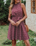 Floral Print Wine Red Women Floral Dresses Casual Summer Sleeveless Halter Neck Ruffle Belt Boho Polka Dot Leopard Print Sun Short Dress - BTFBM | Women's Casual Dresses