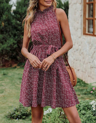 Floral Print Wine Red Women Floral Dresses Casual Summer Sleeveless Halter Neck Ruffle Belt Boho Polka Dot Leopard Print Sun Short Dress - BTFBM | Women's Casual Dresses