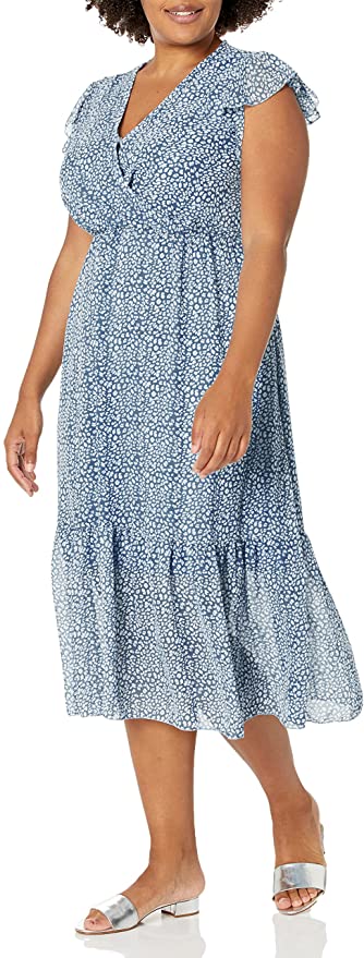 Light Blue Women Summer Bohemian Floral Casual Wrap V Neck Ruffle Cap Sleeveless Belt A-Line Pleated Hem Swing Midi Sun Dress - BTFBM | Women's Casual Dresses