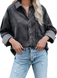 Grey Dark Womens Corduroy Button Down Shirts Boyfriend Long Sleeve Oversized Blouses Tops - Dokotoo | Women's Tops and Blouses
