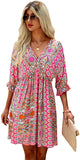 Hot Pink Women's Boho Tribal Print Short Sleeve V Neck Tie Back Summer Shift Dress - Romwe | Women's Casual Dresses
