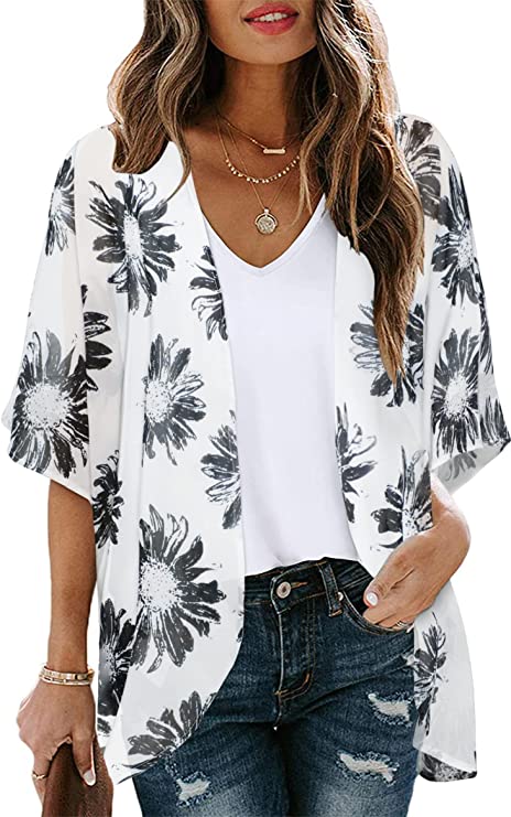 Dasiy White Women's Floral Print Puff Sleeve Kimono Cardigan Loose Cover Up Casual Blouse Tops - Chicgal | Women's Cardigan
