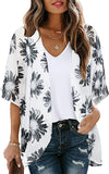 Dasiy White Women's Floral Print Puff Sleeve Kimono Cardigan Loose Cover Up Casual Blouse Tops - Chicgal | Women's Cardigan