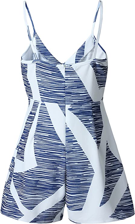 Blue Stripe Women's Sexy V Neck Printed Spaghetti Strap Beach Romper Shorts Jumpsuit - Angashion | Women's Cocktail Dresses