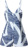 Blue Stripe Women's Sexy V Neck Printed Spaghetti Strap Beach Romper Shorts Jumpsuit - Angashion | Women's Cocktail Dresses
