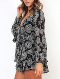 Black Women's Jumpsuit Floral Print V Neck Baggy Sleeve Waist Tie Double Layer Ruffle Hem Short Mini Dress Romper - Relipop | Women's Casual Dresses