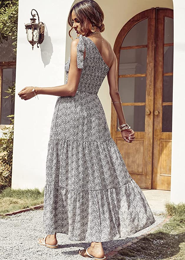 Black White Floral Women's Summer Floral Maxi Dresses - Prettygarden | Women's Formal Dresses