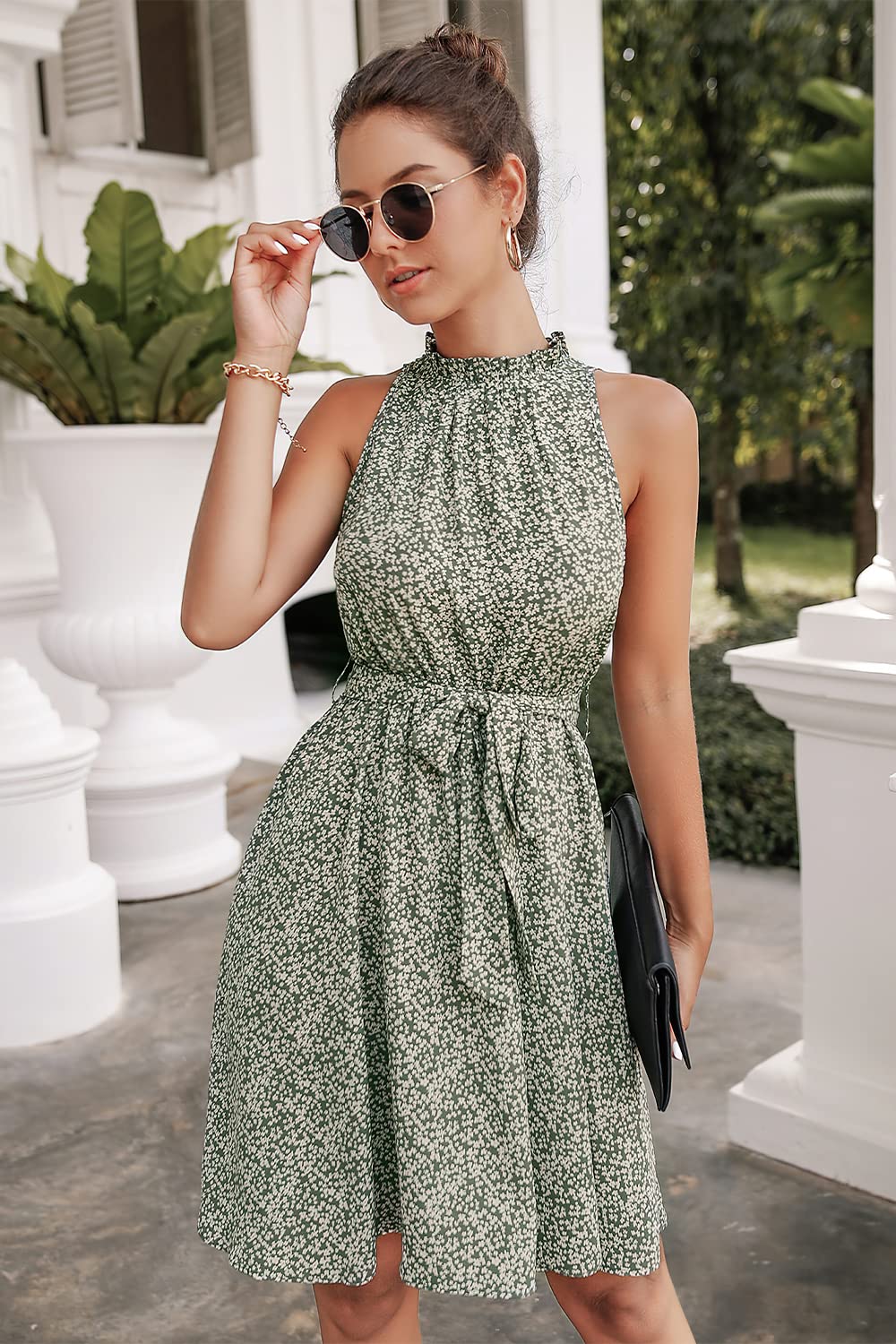 Floral Print Green Women Floral Dresses Casual Summer Sleeveless Halter Neck Ruffle Belt Boho Polka Dot Leopard Print Sun Short Dress - BTFBM | Women's Casual Dresses