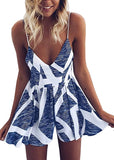 Blue Stripe Women's Sexy V Neck Printed Spaghetti Strap Beach Romper Shorts Jumpsuit - Angashion | Women's Cocktail Dresses
