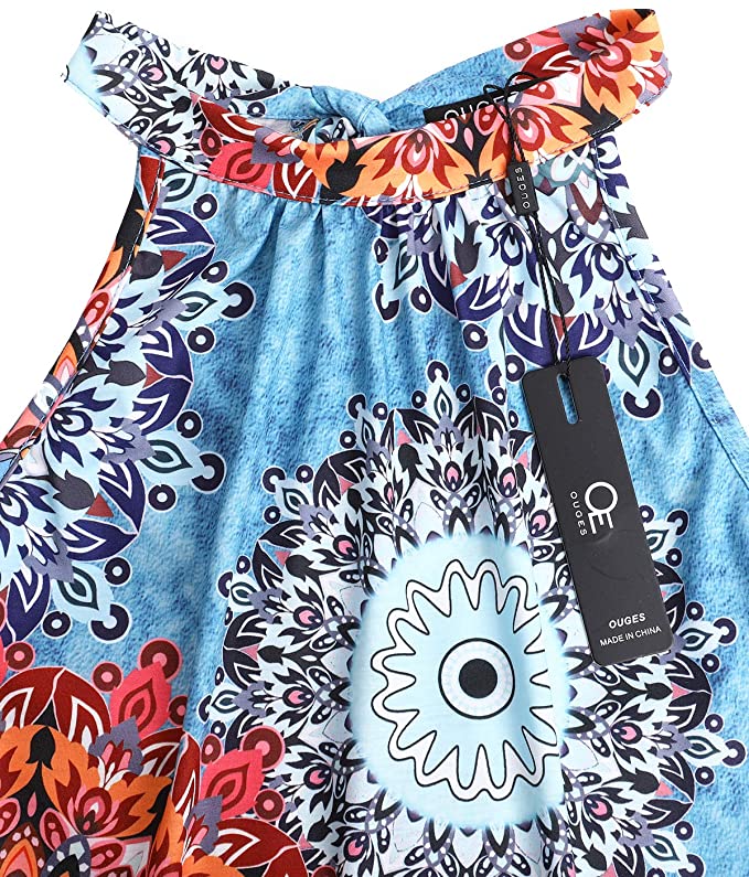 Sky Blue Floral-41 Women's Halter Neck Floral Summer Casual Sundress - OUGES | Women's Casual Dresses