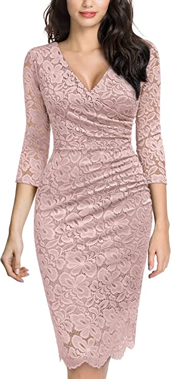 Pink Women's Retro Deep-V Neck Ruffles Floral Lace Evening Pencil Dress - Miusol