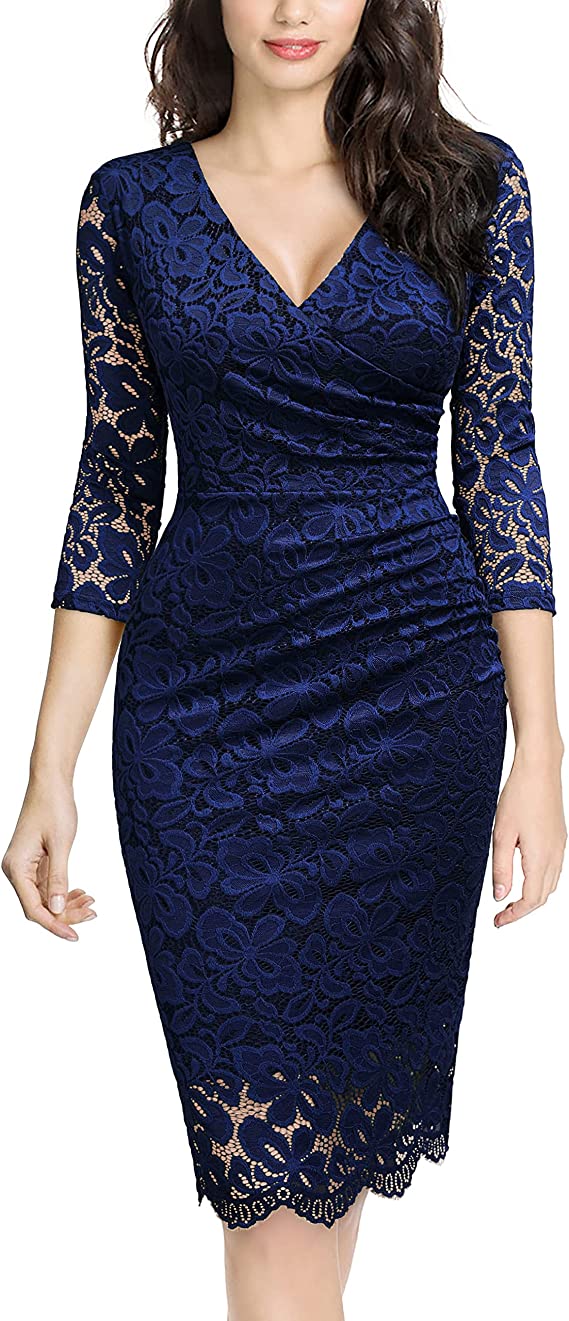 Navy Blue Women's Retro Deep-V Neck Ruffles Floral Lace Evening Pencil Dress - Miusol | Women's Cocktail Dresses