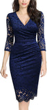Navy Blue Women's Retro Deep-V Neck Ruffles Floral Lace Evening Pencil Dress - Miusol | Women's Cocktail Dresses