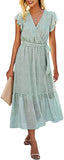 Light Green Women Summer Bohemian Floral Casual Wrap V Neck Ruffle Cap Sleeveless Belt A-Line Pleated Hem Swing Midi Sun Dress - BTFBM | Women's Casual Dresses