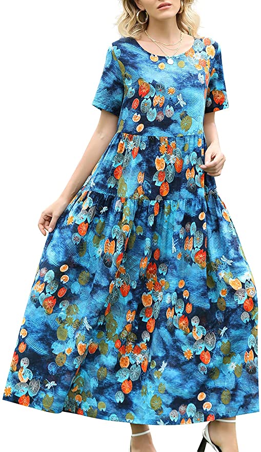 Blue Multi Women Casual Loose Bohemian Floral Dress with Pockets Short Sleeve Long Maxi Summer Beach Swing Dress - Yesno | Women's Casual Dresses