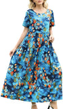 Blue Multi Women Casual Loose Bohemian Floral Dress with Pockets Short Sleeve Long Maxi Summer Beach Swing Dress - Yesno | Women's Casual Dresses