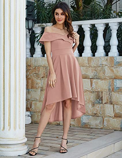 Rose Red Off Shoulder High Low A Line Wedding Guest Party Cocktail Dress - JASAMBAC | Women's Cocktail Dresses