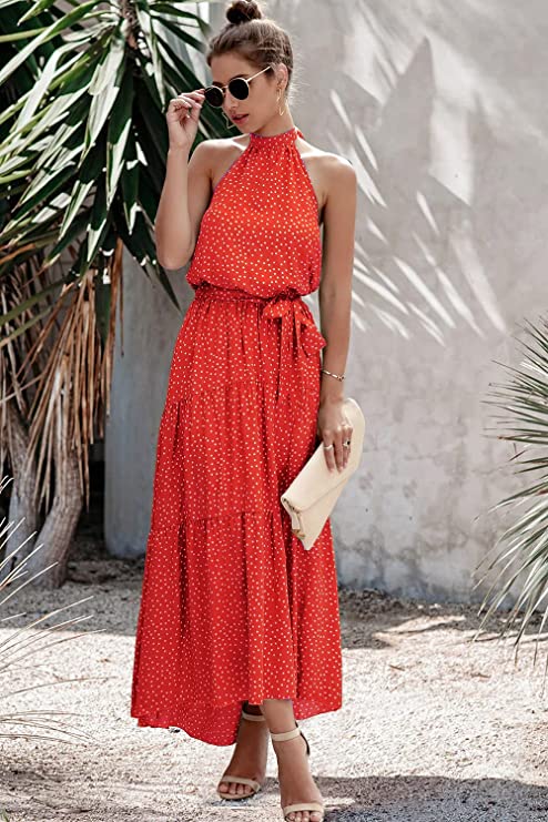 Red Women's Casual Halter Neck Sleeveless Floral Long Maxi Dress Backless Loose Ruffle Sundress with Belt - PRETTYGARDEN | Women's Formal Dresses