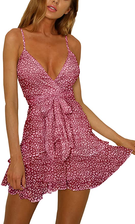 Red Womens V-Neck Spaghetti Strap Bowknot Backless Sleeveless Lace Mini Swing Skater Dress - Ecowish | Women's Casual Dresses