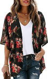 Black Red Rose Women's Floral Print Puff Sleeve Kimono Cardigan Loose Cover Up Casual Blouse Tops - Chicgal | Women's Cardigan