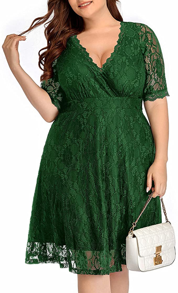 Green Women Lace V Neck Plus Size Half Sleeve Knee Length Cocktail Wedding Guest Swing Dress - Pinup | Women's Cocktail Dresses