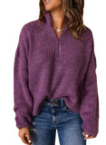 Purple Sweaters for Women Waffle Kint Long Sleeve Zip Pullover Polo V Neck Sweater for Women - EVALESS | Women's Sweaters