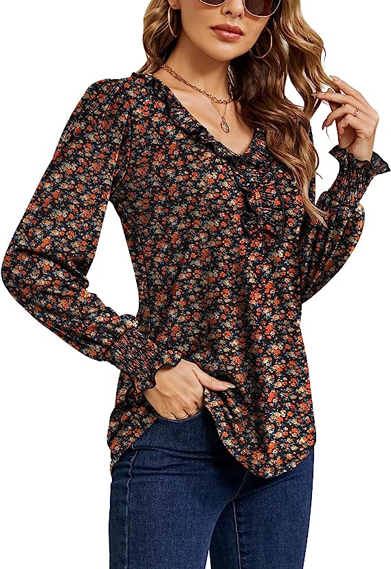 Black Orange Floral Casual V Neck T Shirts Loose Summer Tops Ruffle - Ivicoer | Women's Tops and Blouses
