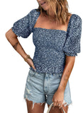 Blue Blouses for Women Puff Long Sleeve Square Neck Tops Off The Shoulder Floral - EVALESS | Women's Tops and Blouses