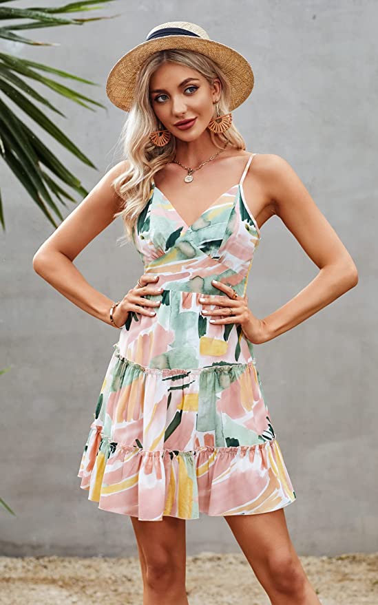 Green Pink Womens V-Neck Spaghetti Strap Bowknot Backless Sleeveless Lace Mini Swing Skater Dress - Ecowish | Women's Casual Dresses