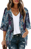 Boho Purple Women's Floral Print Puff Sleeve Kimono Cardigan Loose Cover Up Casual Blouse Tops - Chicgal | Women's Cardigan