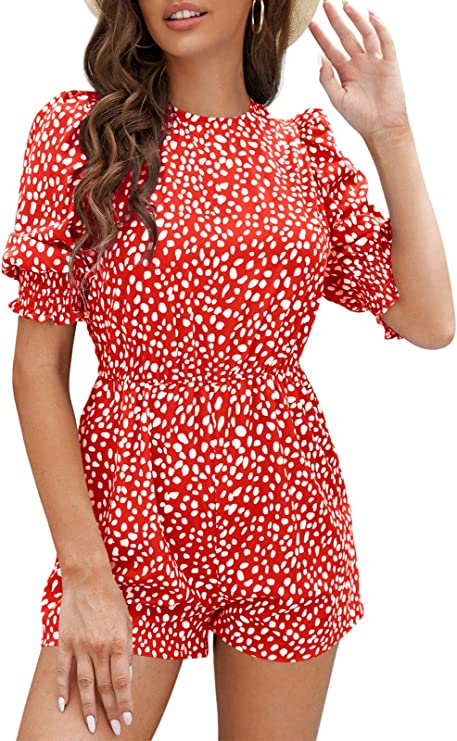 Red Women's Crew Neck Beach Rompers Half Sleeve Elastic Wasit Dots Keyhole Summer Jumpsuit - DOBULO | Women's Romper & Jumper Suit