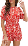 Red Women's Crew Neck Beach Rompers Half Sleeve Elastic Wasit Dots Keyhole Summer Jumpsuit - DOBULO | Women's Romper & Jumper Suit