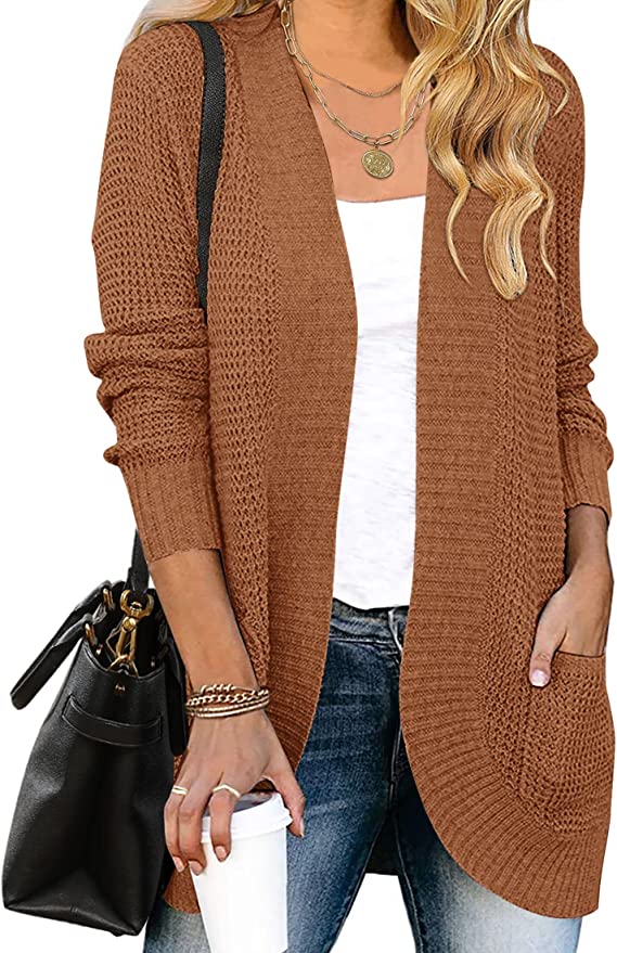 Brown Women's Long Sleeve Open Front Casual Lightweight Soft Knit Cardigan Sweater Outerwear - ZESICA | Women's Cardigan