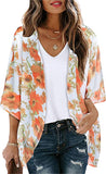 White Orange Flowers Women's Floral Print Puff Sleeve Kimono Cardigan Loose Cover Up Casual Blouse Tops - Chicgal | Women's Cardigan