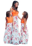 Orange Flower Summer Cute Mommy and Me Boho Striped Chevron Maxi Dresses - WIWIQS | Women's Casual Dresses
